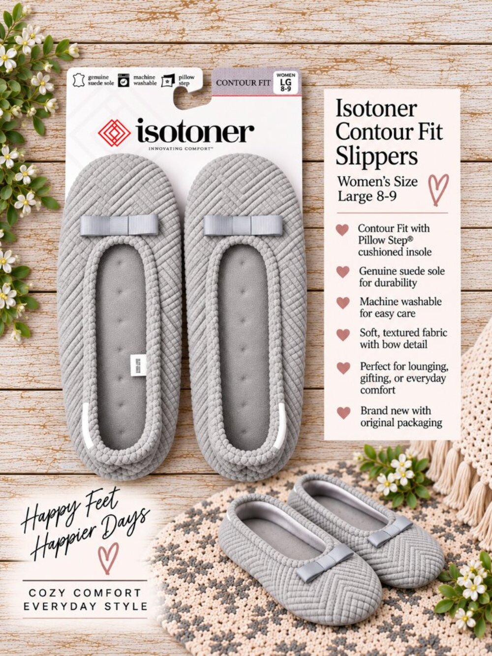 Isotoner Contour Fit Gray Women’s Slippers Size Large 8–9 – Genuine Suede Sole